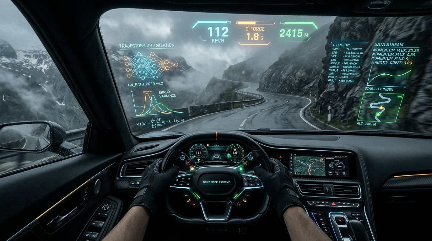 A high-speed vehicle cockpit looking out over an alpine mountain pass with telemetry and math HUD